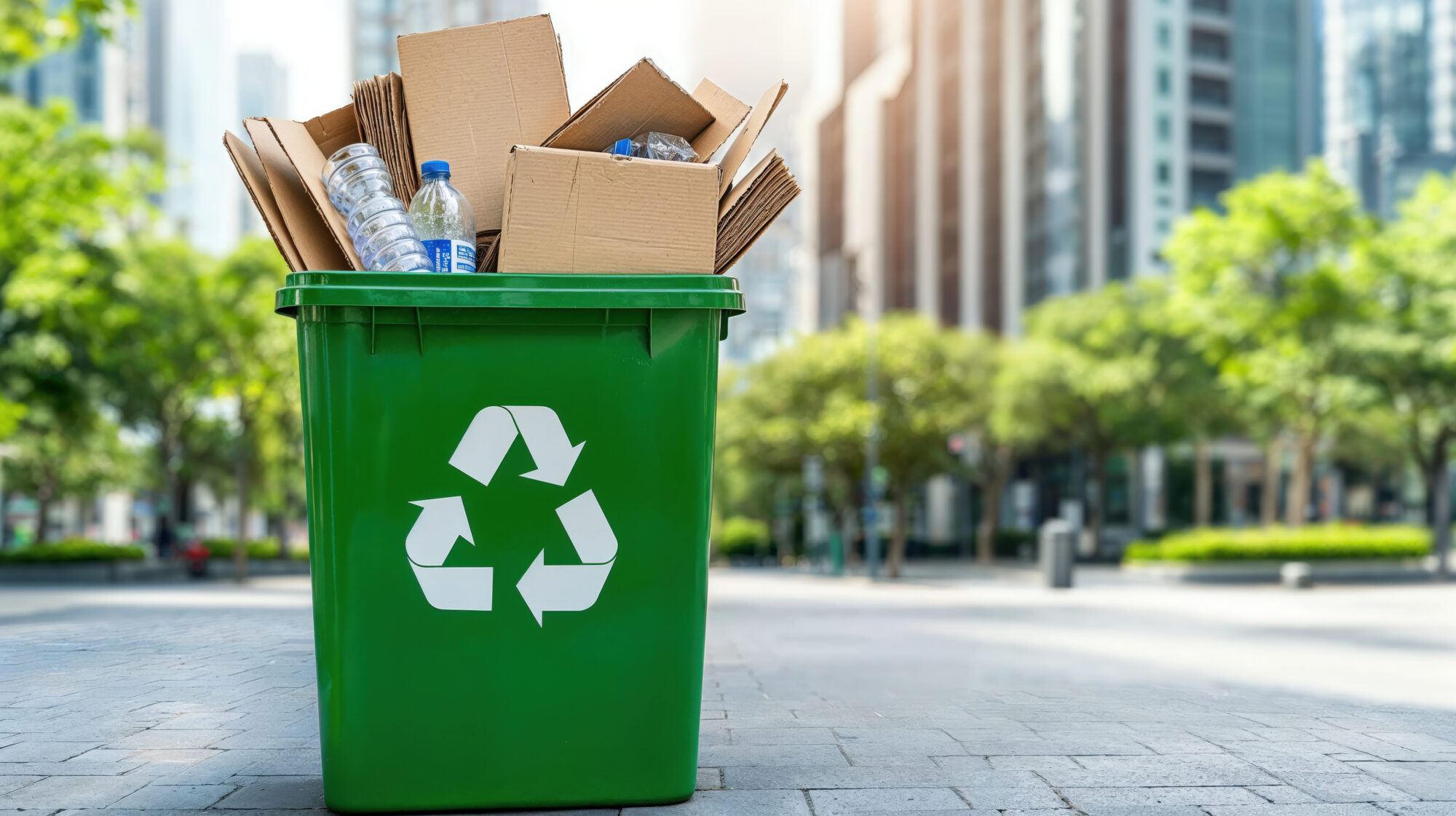 Green Recycling Bin Filled With Cardboard And Plastic Bottles In An Urban City Setting. Green Recycling Bin Filled With Cardboard And Plastic Bottles In An Urban City Setting.